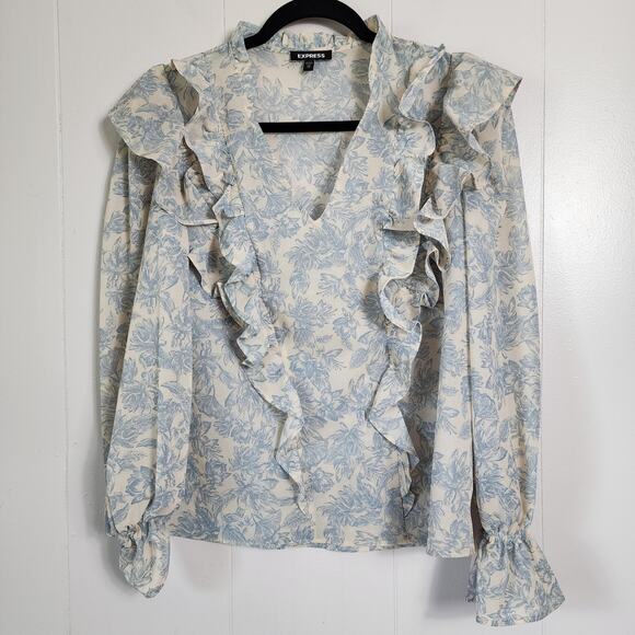 Express Cottagecore Boho Ruffle Poet Blouse Xs Blue Cream - Picture 2 of 11